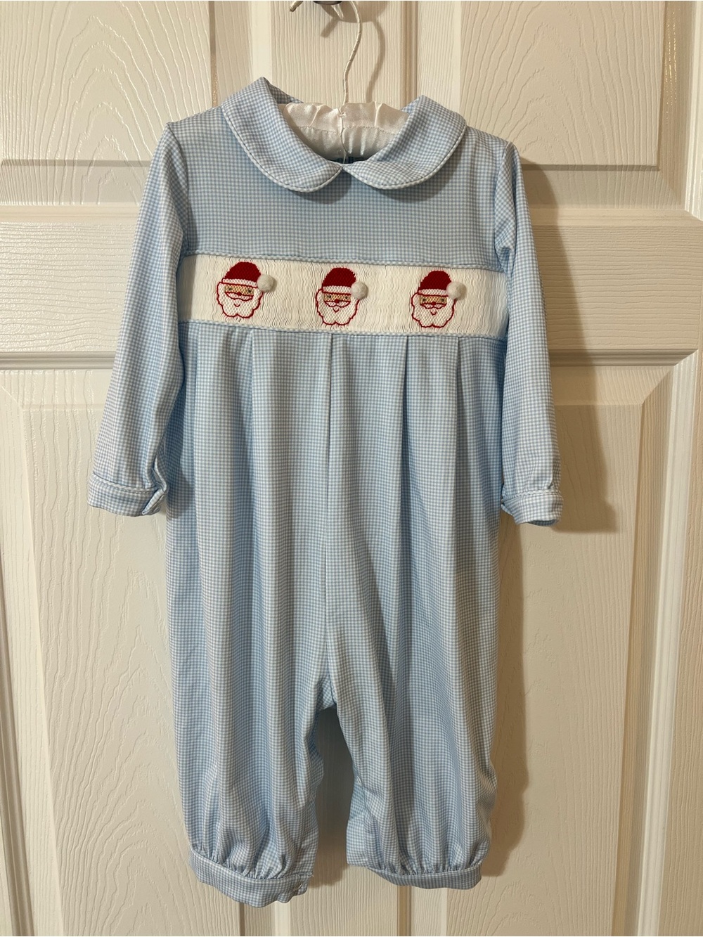 Cecil & Lou Blue and White Gingham Smocked Longall with Embroidered Santa, 12Mos